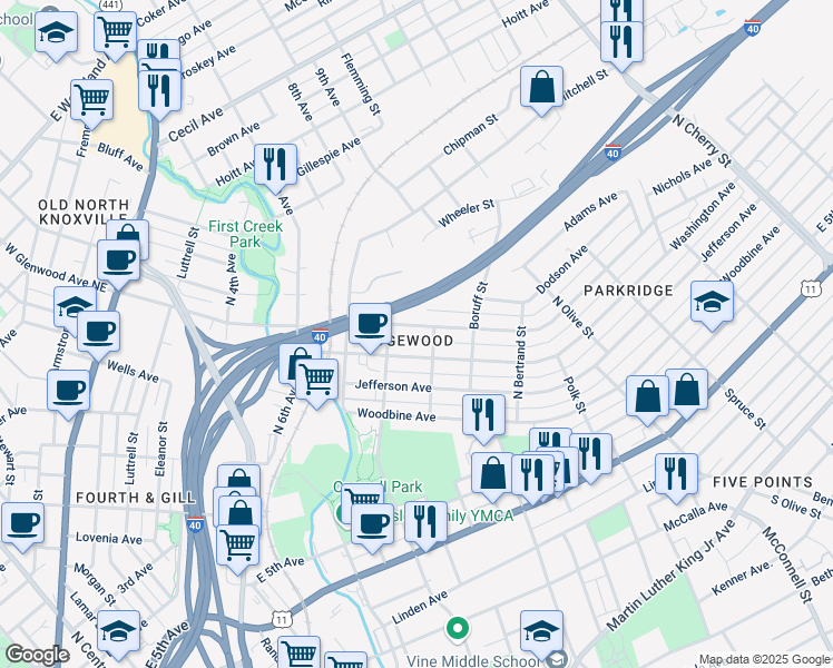 map of restaurants, bars, coffee shops, grocery stores, and more near 1612 E Glenwood Ave in Knoxville