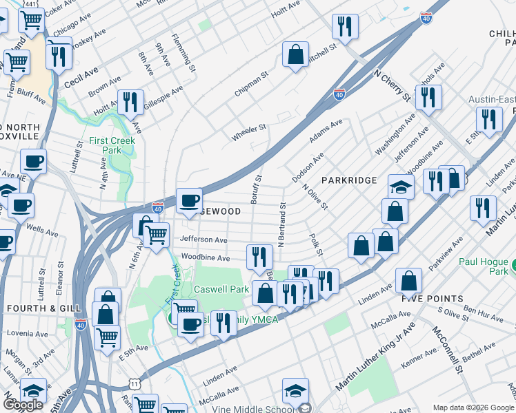 map of restaurants, bars, coffee shops, grocery stores, and more near 1807 East Glenwood Avenue in Knoxville
