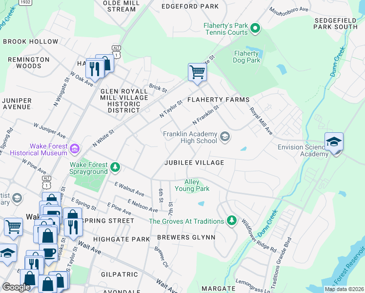 map of restaurants, bars, coffee shops, grocery stores, and more near 708 North Allen Road in Wake Forest