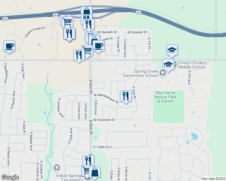 map of restaurants, bars, coffee shops, grocery stores, and more near 7201 South Date Avenue in Broken Arrow