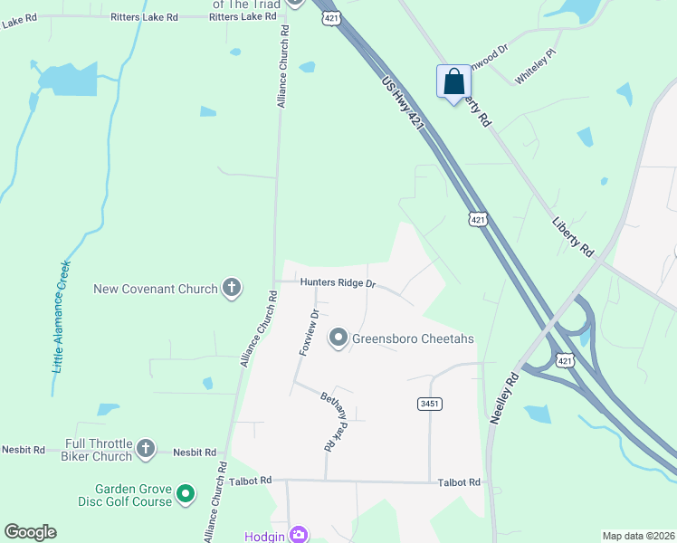map of restaurants, bars, coffee shops, grocery stores, and more near 2203 Hunters Ridge Drive in Pleasant Garden