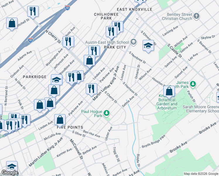 map of restaurants, bars, coffee shops, grocery stores, and more near 2614 Martin Luther King Junior Avenue in Knoxville