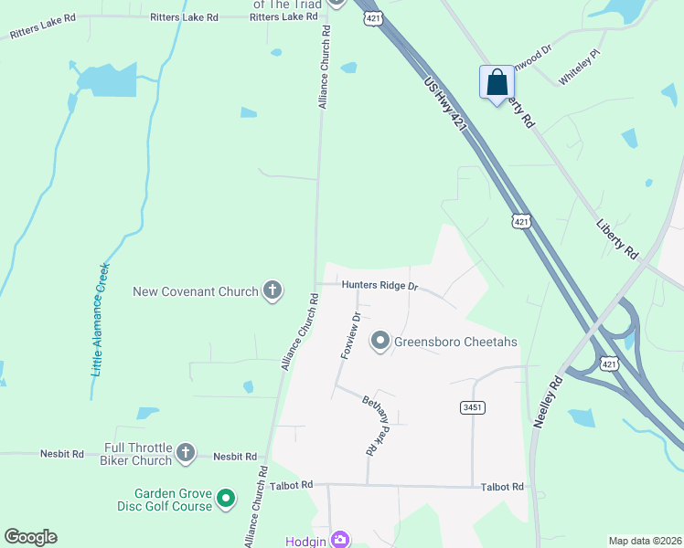 map of restaurants, bars, coffee shops, grocery stores, and more near 2107 Hunters Ridge Drive in Pleasant Garden