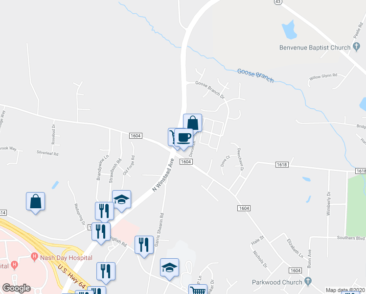map of restaurants, bars, coffee shops, grocery stores, and more near 1629 Thomas A. Betts Parkway in Rocky Mount
