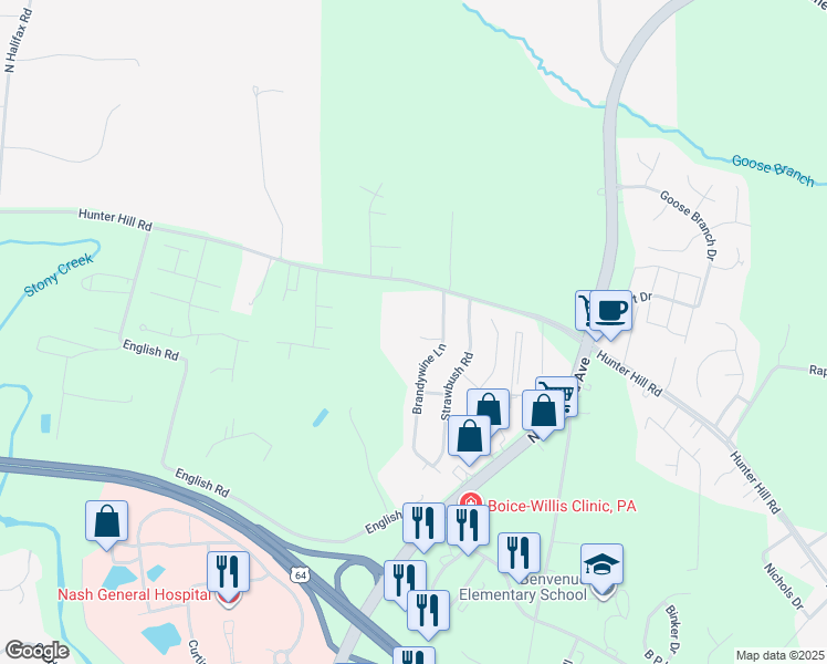 map of restaurants, bars, coffee shops, grocery stores, and more near 112 Brandywine Ct in Rocky Mt