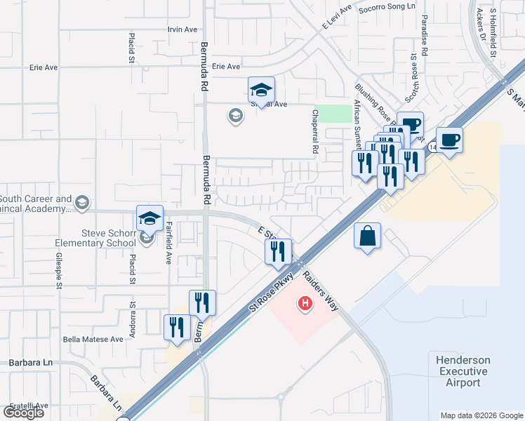 map of restaurants, bars, coffee shops, grocery stores, and more near 3741 Via Gaetano in Henderson