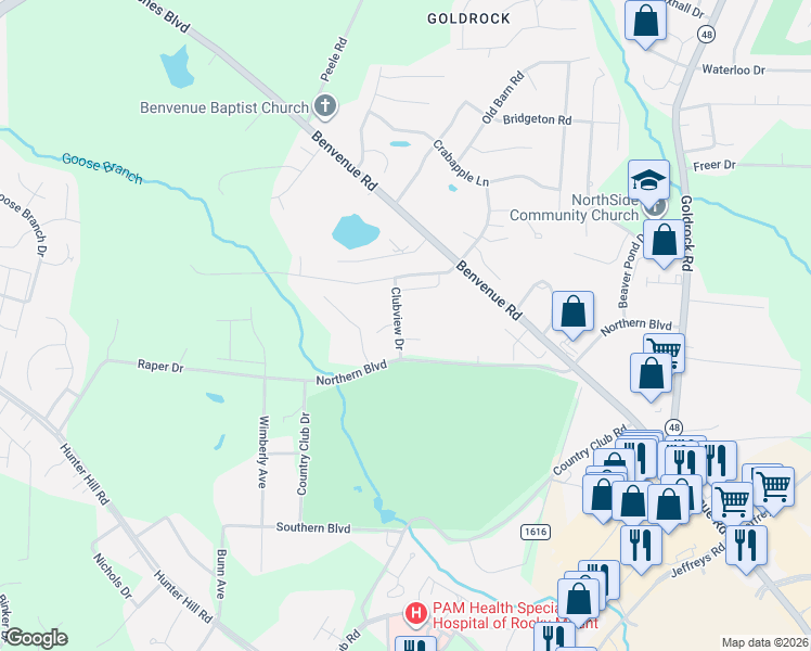 map of restaurants, bars, coffee shops, grocery stores, and more near 104 Lane Court in Rocky Mount