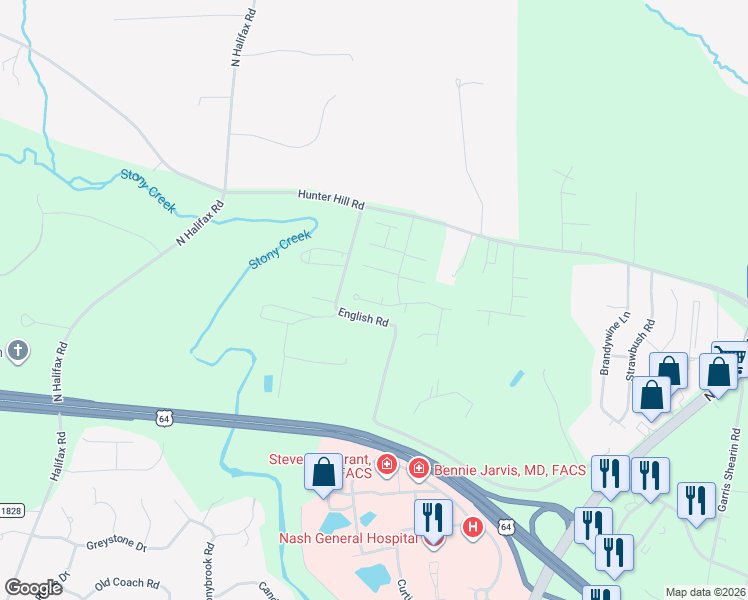 map of restaurants, bars, coffee shops, grocery stores, and more near 113 Pebble Brook Court in Rocky Mount