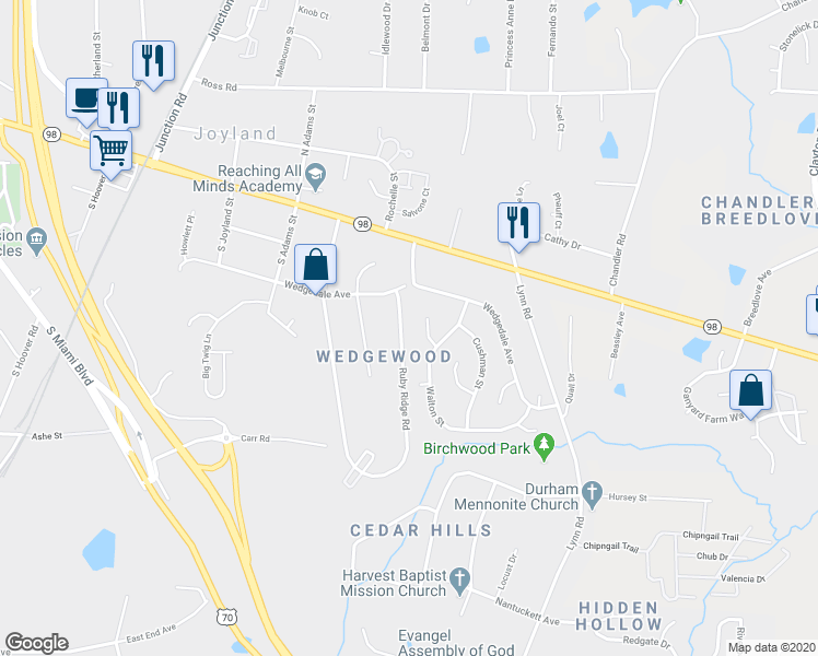 map of restaurants, bars, coffee shops, grocery stores, and more near 11 Midgette Place in Durham
