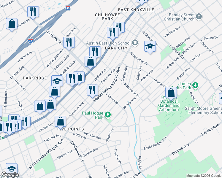 map of restaurants, bars, coffee shops, grocery stores, and more near 2614 Martin Luther King Junior Avenue in Knoxville