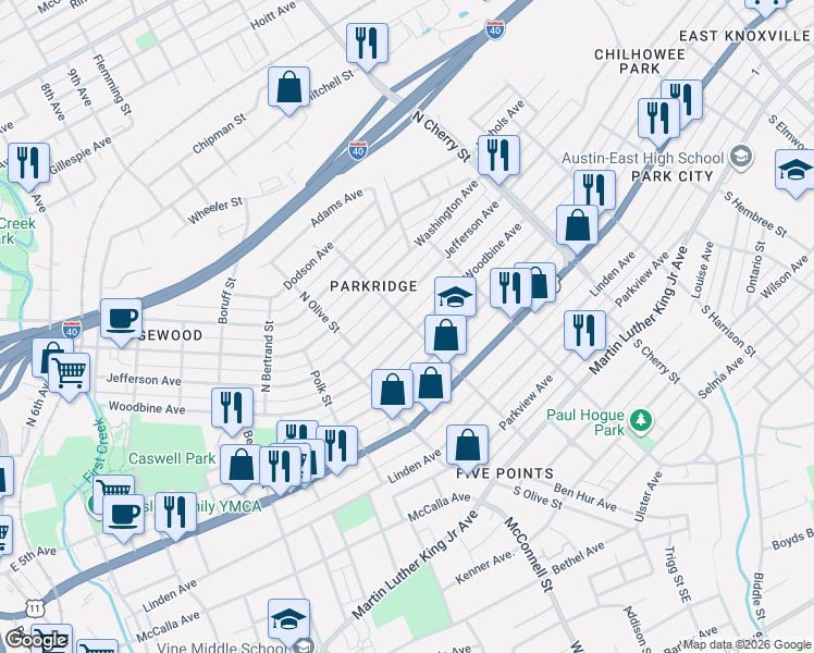 map of restaurants, bars, coffee shops, grocery stores, and more near 2338 Jefferson Avenue in Knoxville