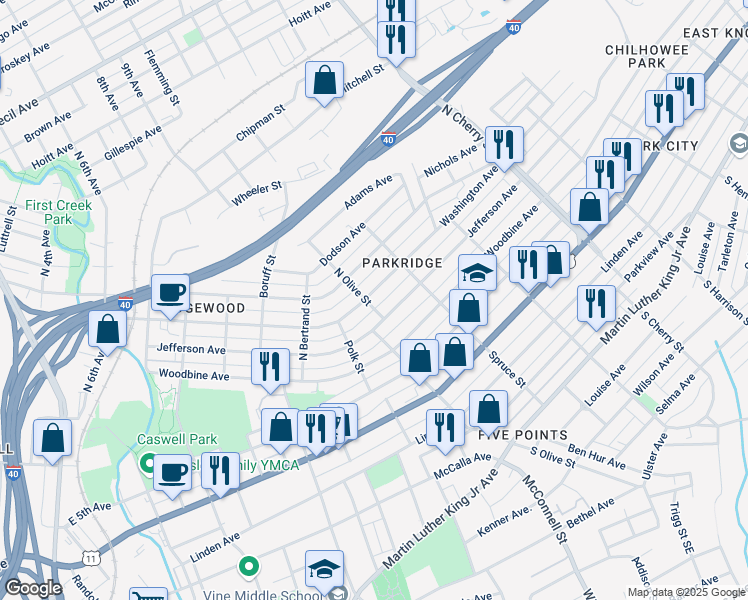 map of restaurants, bars, coffee shops, grocery stores, and more near 2310 Washington Avenue in Knoxville