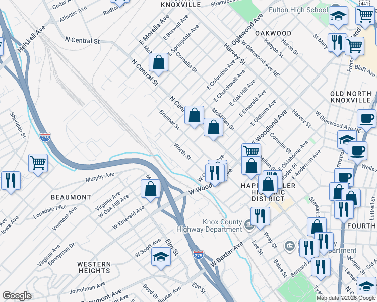 map of restaurants, bars, coffee shops, grocery stores, and more near 1800 Worth Street in Knoxville