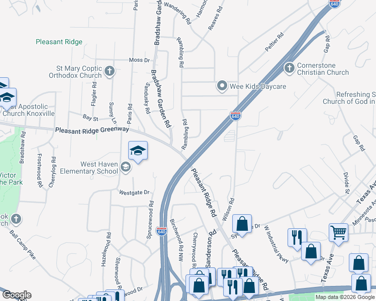 map of restaurants, bars, coffee shops, grocery stores, and more near 2206 Rambling Drive in Knoxville