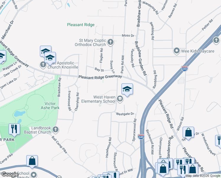map of restaurants, bars, coffee shops, grocery stores, and more near 4604 Baverton Drive in Knoxville