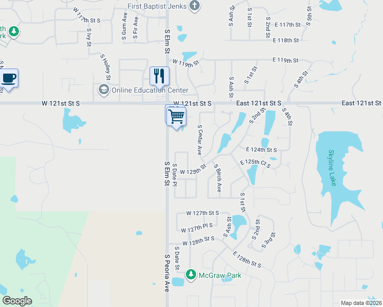 map of restaurants, bars, coffee shops, grocery stores, and more near 510 West 124th Street South in Jenks