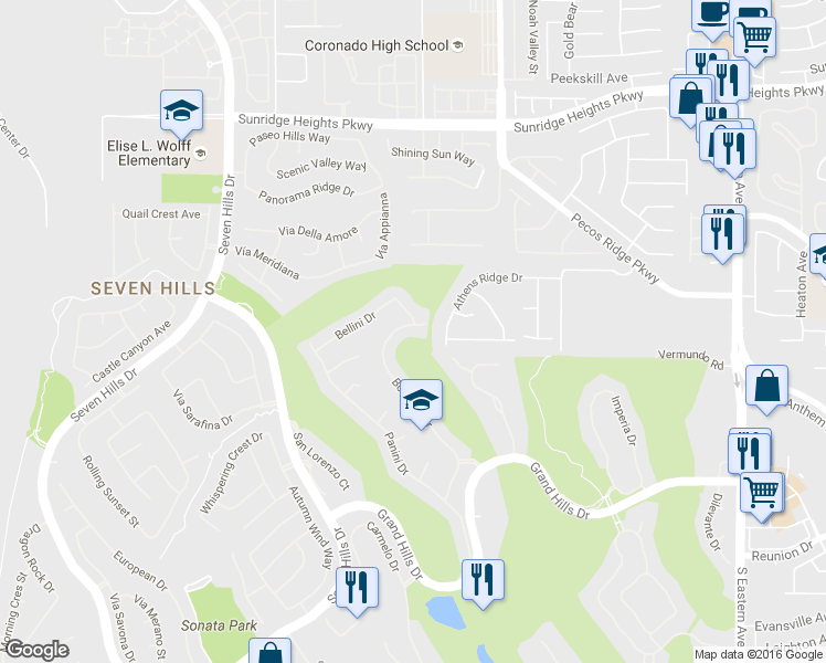 map of restaurants, bars, coffee shops, grocery stores, and more near 2685 Botticelli Dr in Henderson