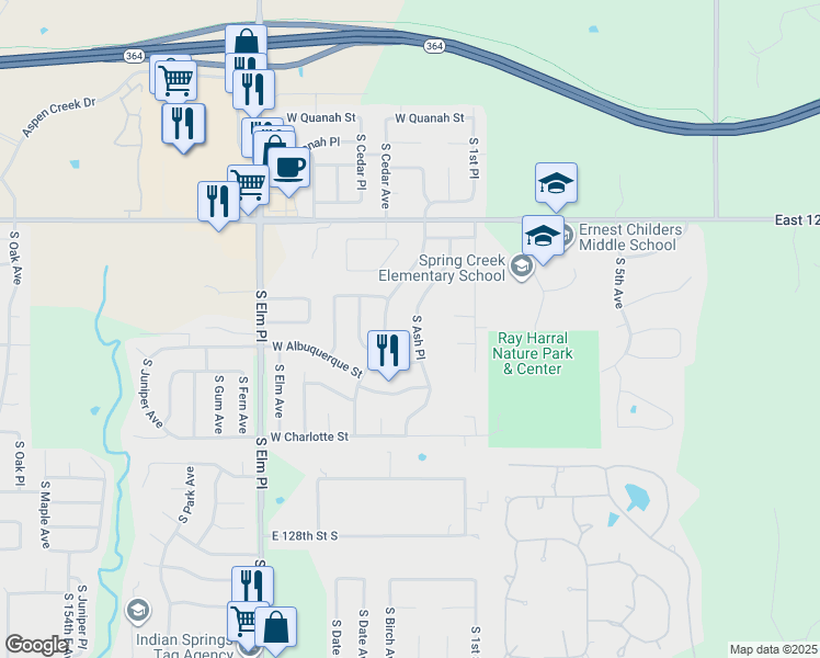 map of restaurants, bars, coffee shops, grocery stores, and more near 124 West Winston Street in Broken Arrow