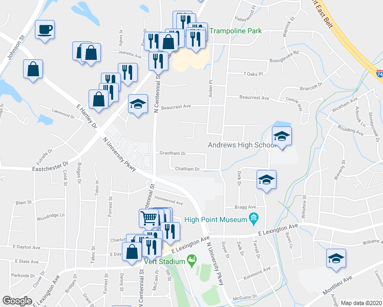 map of restaurants, bars, coffee shops, grocery stores, and more near 1414 Grantham Drive in High Point