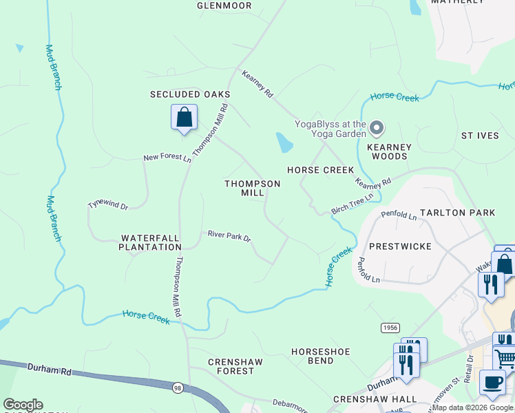 map of restaurants, bars, coffee shops, grocery stores, and more near 7608 Copper Creek Court in Wake Forest