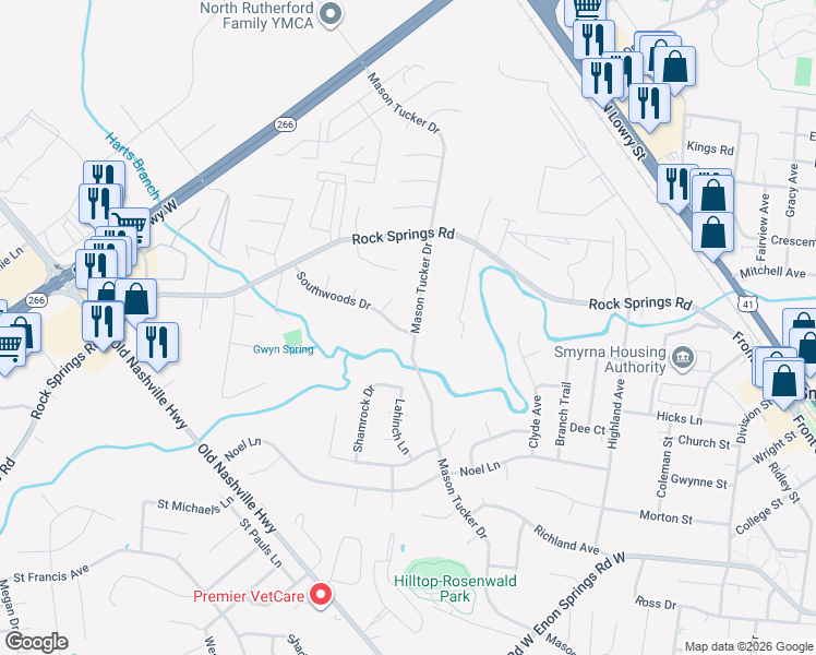 map of restaurants, bars, coffee shops, grocery stores, and more near 833 Southwoods Drive in Smyrna