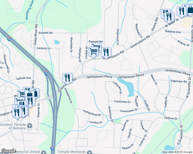 map of restaurants, bars, coffee shops, grocery stores, and more near 1344 Ring Street in High Point