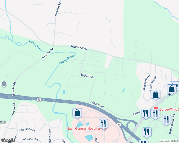 map of restaurants, bars, coffee shops, grocery stores, and more near 104 Pebble Brook Court in Rocky Mount