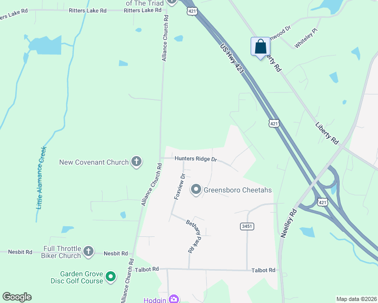 map of restaurants, bars, coffee shops, grocery stores, and more near 2203 Hunters Ridge Drive in Pleasant Garden