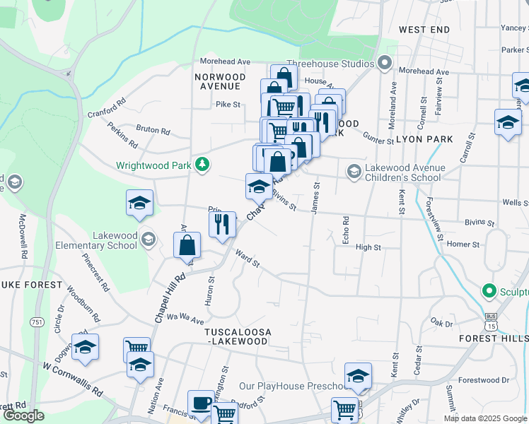 map of restaurants, bars, coffee shops, grocery stores, and more near 2119 Chapel Hill Road in Durham