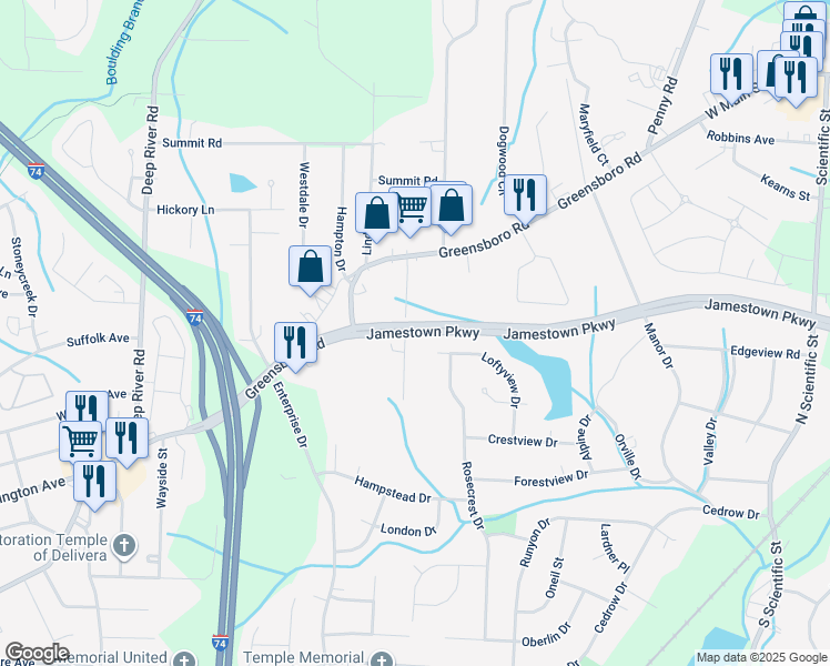map of restaurants, bars, coffee shops, grocery stores, and more near 1344 Ring Street in High Point