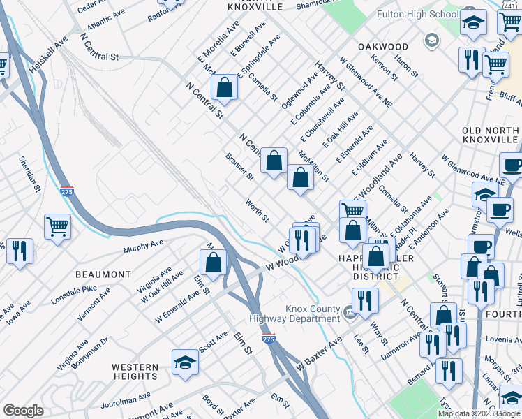map of restaurants, bars, coffee shops, grocery stores, and more near 1800 Worth Street in Knoxville