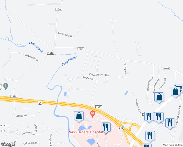 map of restaurants, bars, coffee shops, grocery stores, and more near 104 Pebble Brook Court in Rocky Mount