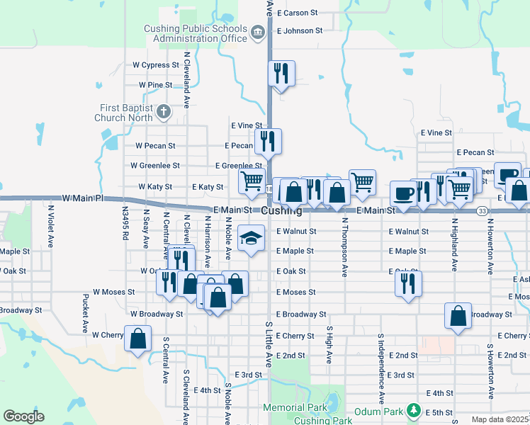 map of restaurants, bars, coffee shops, grocery stores, and more near 421 Oklahoma 33 in Cushing