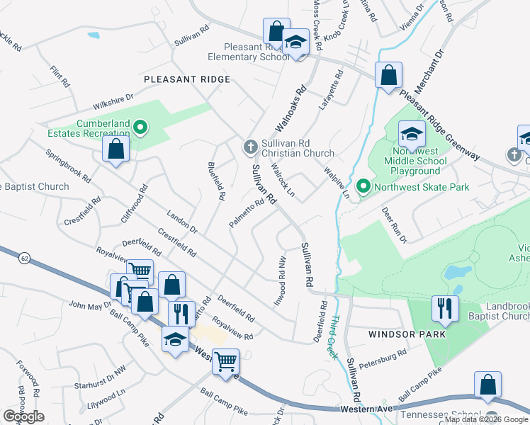 map of restaurants, bars, coffee shops, grocery stores, and more near 5305 Maywood Road in Knoxville