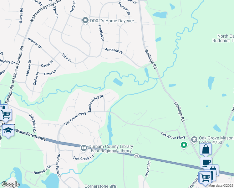 map of restaurants, bars, coffee shops, grocery stores, and more near 310 Lanier Valley Drive in Durham