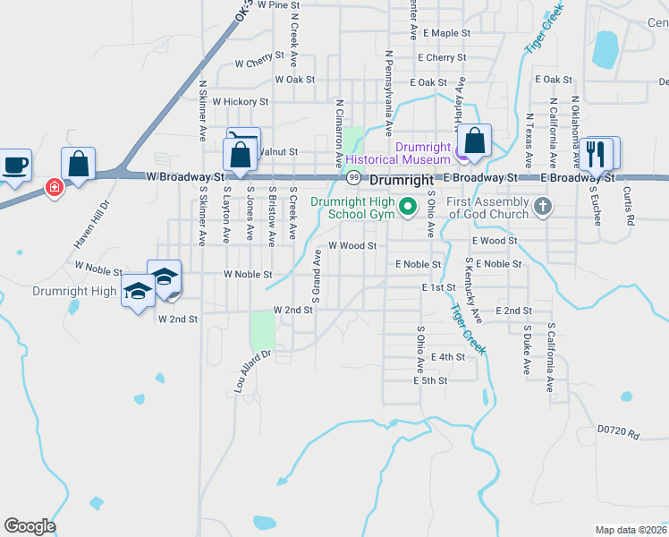 map of restaurants, bars, coffee shops, grocery stores, and more near 423 South Cimarron Avenue in Drumright