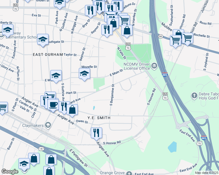 map of restaurants, bars, coffee shops, grocery stores, and more near 2628 Harvard Avenue in Durham