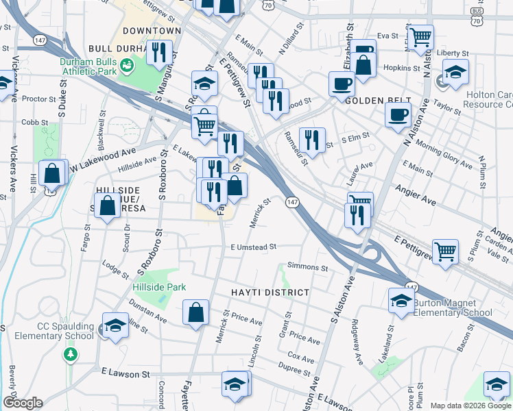 map of restaurants, bars, coffee shops, grocery stores, and more near 19 Hayti Lane in Durham