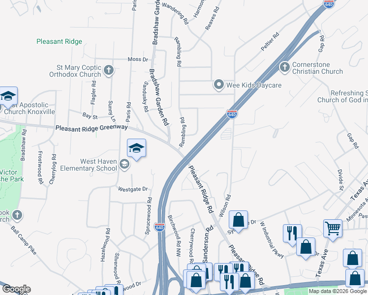 map of restaurants, bars, coffee shops, grocery stores, and more near 2206 Rambling Drive in Knoxville
