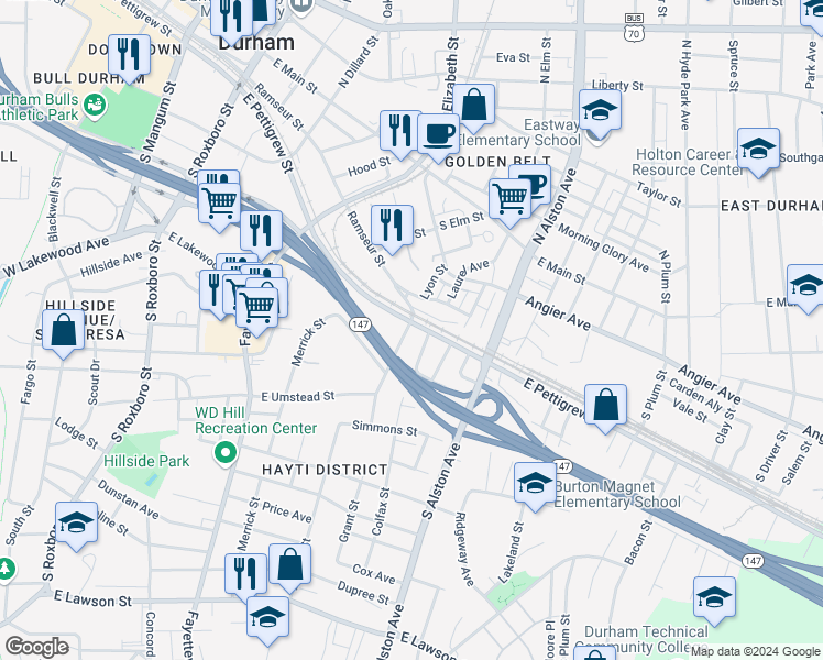 map of restaurants, bars, coffee shops, grocery stores, and more near 503 Grant Street in Durham