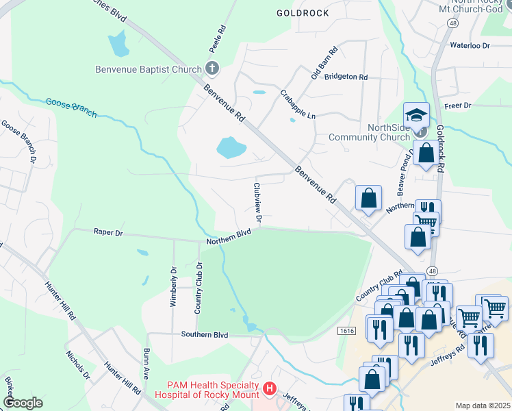 map of restaurants, bars, coffee shops, grocery stores, and more near 101 Clubview Court in Rocky Mount