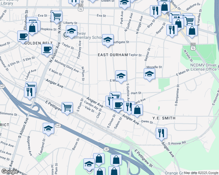 map of restaurants, bars, coffee shops, grocery stores, and more near 112 Roberson Street in Durham