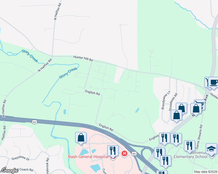 map of restaurants, bars, coffee shops, grocery stores, and more near 7020 Pebble Brook Way in Rocky Mount