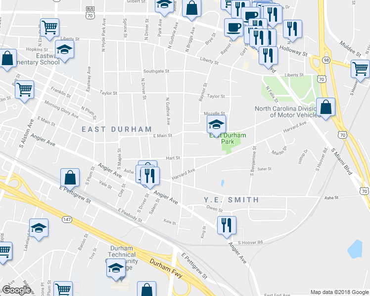 map of restaurants, bars, coffee shops, grocery stores, and more near 115 South Briggs Avenue in Durham