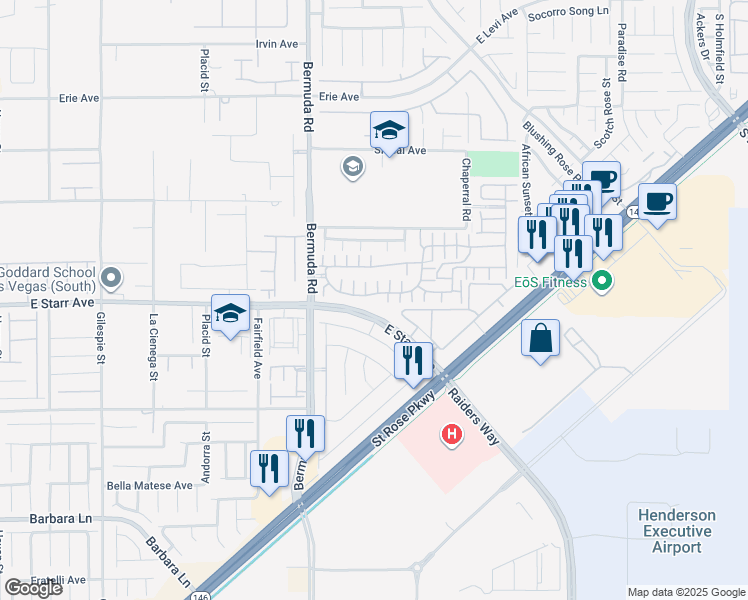 map of restaurants, bars, coffee shops, grocery stores, and more near 3741 Via Gaetano in Henderson