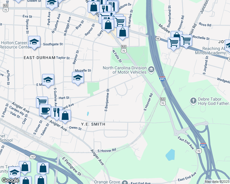 map of restaurants, bars, coffee shops, grocery stores, and more near 2706 Marlin Drive in Durham