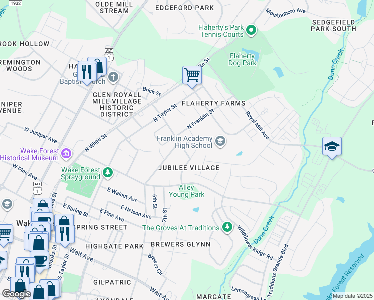 map of restaurants, bars, coffee shops, grocery stores, and more near 800 Trinity Park Drive in Wake Forest