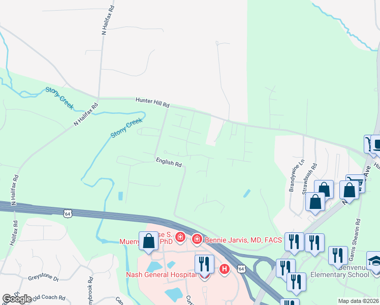 map of restaurants, bars, coffee shops, grocery stores, and more near 7020 Pebble Brook Way in Rocky Mt