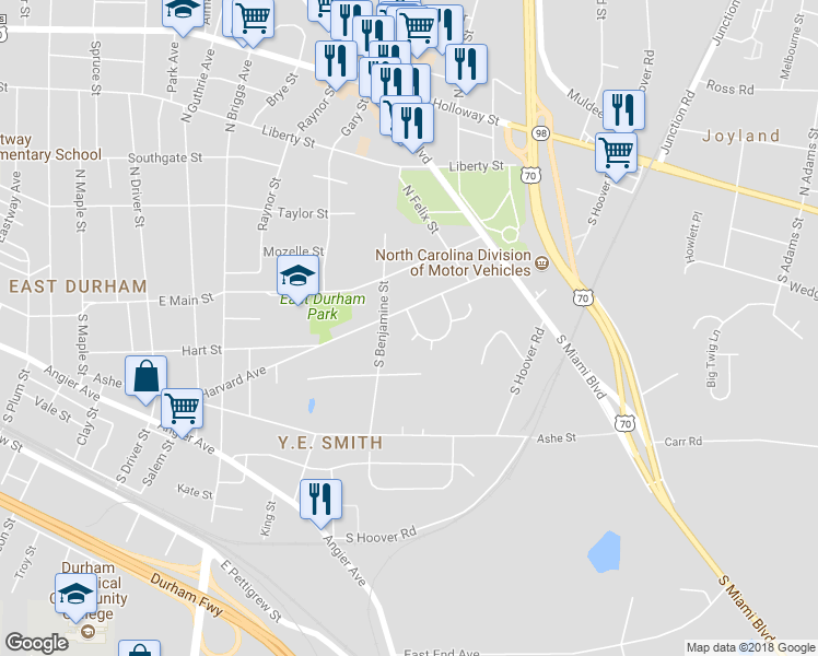 map of restaurants, bars, coffee shops, grocery stores, and more near 2715 Marlin Drive in Durham