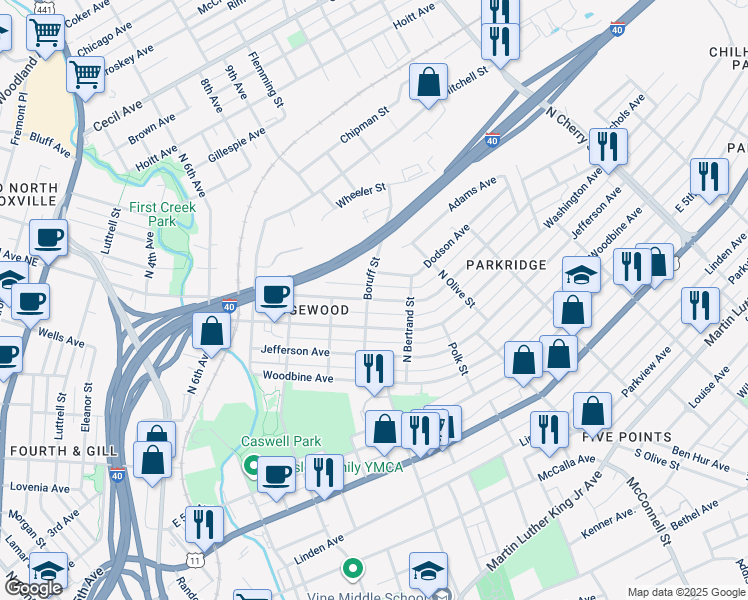 map of restaurants, bars, coffee shops, grocery stores, and more near 1807 East Glenwood Avenue in Knoxville